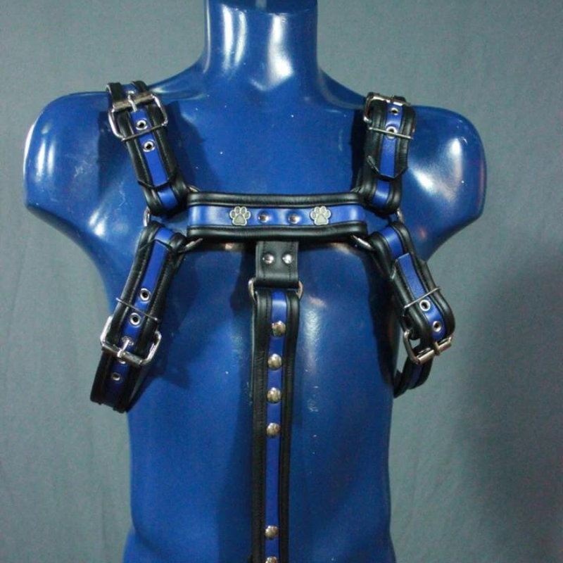 Blue and Black Bulldog Harness with down strap and puppy paw highlights