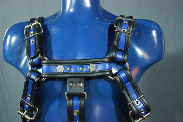 Blue and Black Bulldog Harness with down strap and puppy paw highlights